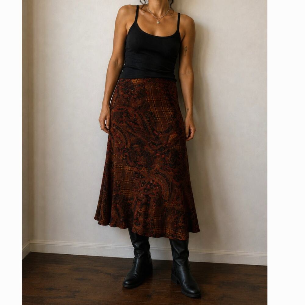 Y2K Notations Paisley Plaid Midi Skirt Brown Boho Festival Earthy Soft Grunge-M